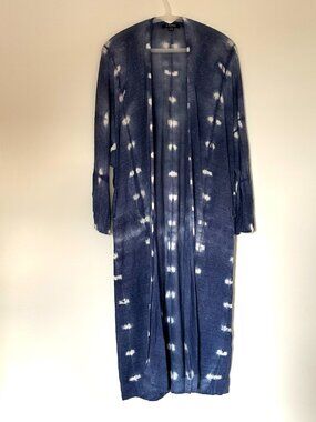 ACROBAT Indigo/White Dyed Linen Long Open Cardigan Duster Lightweight Small